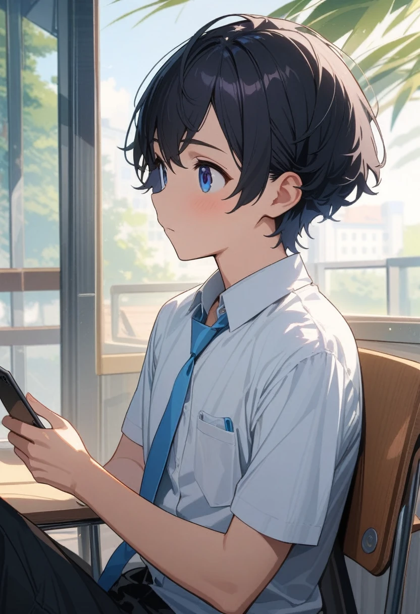 masterpiece, best quality, extremely detailed, ultra detailed, flat anime, 2D, ((1boy)),black hair, (short hair:1.5),blue eyes, height 1.7meters, (circle eyes:1.2), (young adult:1.2), Ear-length sideburns,height 1.7meters, High School Uniforms, white shirt, blue tie, ((short sleeves)), ((long pants)), sitting, closed mouth, thinking, upper body, summer, classroom, 11AM,looking at his smart phone., Operating a smart phone, bangs,(tareme:1.2), dircle face, kinky hair, (young adult:1.2)