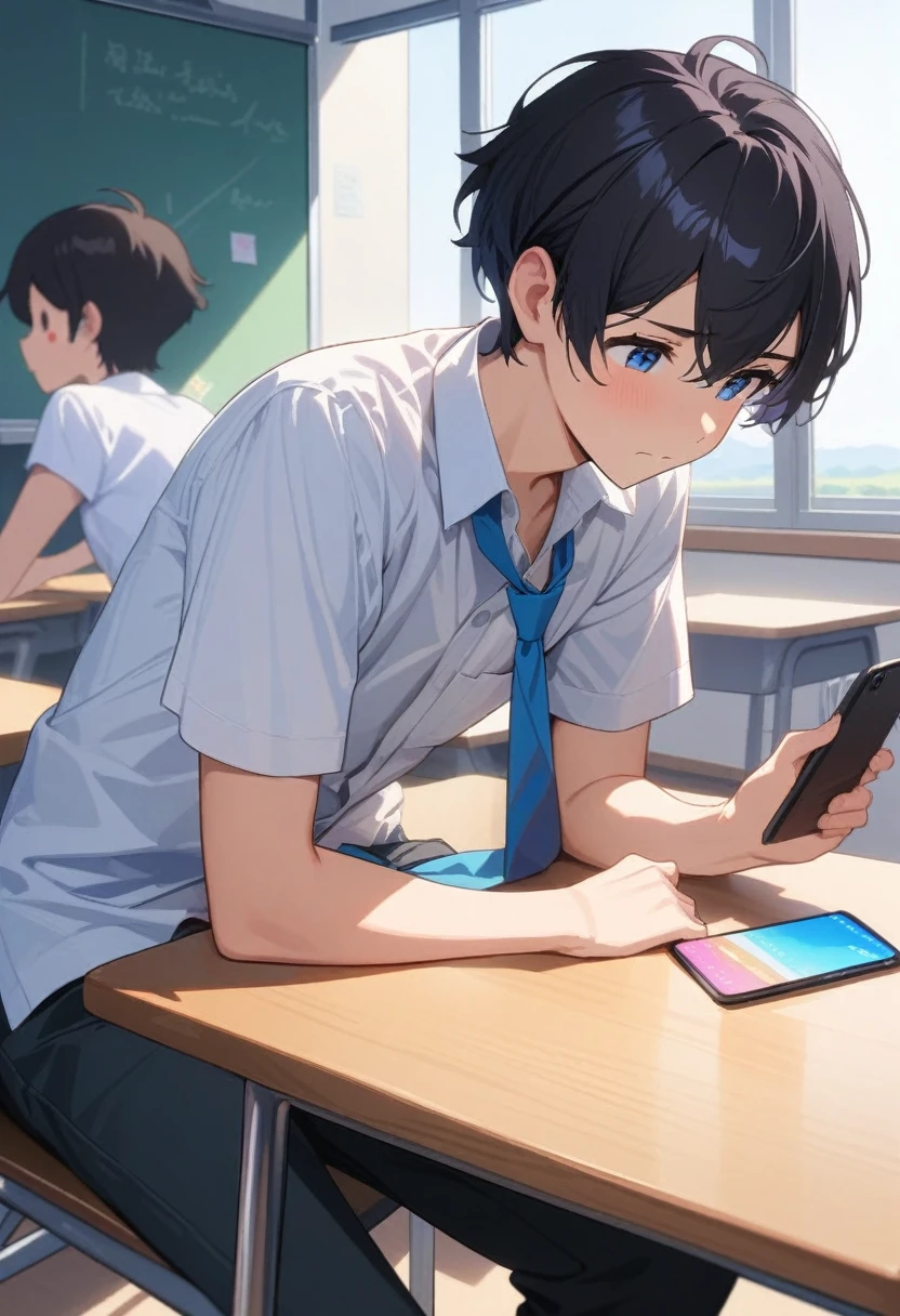 masterpiece, best quality, extremely detailed, ultra detailed, flat anime, 2D, ((1boy)),black hair, (short hair:1.5),blue eyes, height 1.7meters, (circle eyes:1.2), (young adult:1.2), Ear-length sideburns,height 1.7meters, High School Uniforms, white shirt, blue tie, ((short sleeves)), ((long pants)), sitting, closed mouth, thinking, upper body, summer, classroom, 11AM,looking at his smart phone., Operating a smart phone, bangs,(tareme:1.2), dircle face, kinky hair, (young adult:1.2)