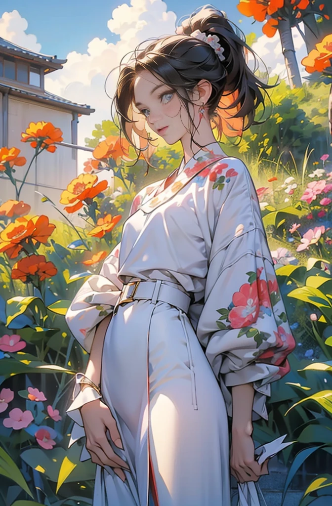 Very colorful, Pop feel, Blue sky, cumulonimbus, California, Pasadena, Summer image, sense of openness, Beautiful woman with orange ponytail, Very beautiful detailed eyes, Beautiful and delicate eyes, Around 25 years old, Wearing a jacket, stylish belt, Perfect tall model figure,mysterious, Cool Beauty, West Coast, Shining summer memories, Anime drawing by Yang J, シティポップのお洒落なCD jacket, Art Station Trends, realism, extremely detailed The buds of art, Realistic anime 3D style, Anime Style 4 k, Up to the model | The buds of art, Anime Style. 8k, Casual clothing, Realistic anime art style, style The buds of art, Sharp contours, Highest quality, The perfect angle, Perfect composition, Perfect subject, Best Shot, Official Art，CD jacket, 80&#39;s City Pop, Stylish, Very stylish, Anime drawings inspired by Yanjun Chen, Trending on Art Station, realism, Anime Style 4 k, Anime Style. 8k, Realistic Anime 3D Style, Realistic anime art style, Digital anime illustration, Style Anime, Gweiz-style artwork, Anime Style illustration, Digital anime art
