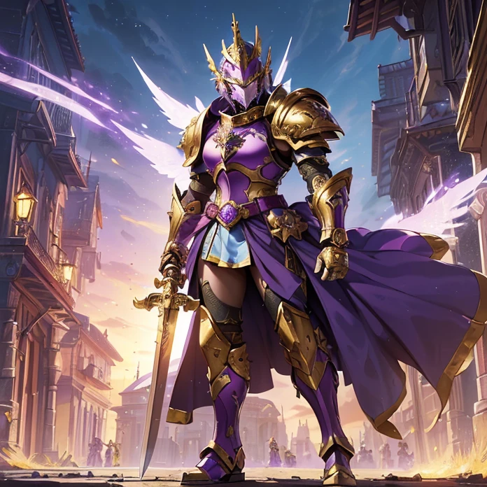 (Master piece, absurdres, best high quality image, high fantasy genre, carefully detailed textures, detailed image and background, warhammer 40k aesthetic)
{{(1character: super soldier knight: (bulky knight armor, purple helmet, light-blue visor, golden helmet crest, purple cuirass, golden phoenix bird symbol on cuirass, purple shoulder plates with golden trims, golden elbow plates, purple arm plates, purple gauntles, purple belt, purple hip armor, purple armor boots, golden knee plates, golden phoenix bird sword, white sword blade), (standing firmly on guard around, confident pose), (modern armenian city street))}}