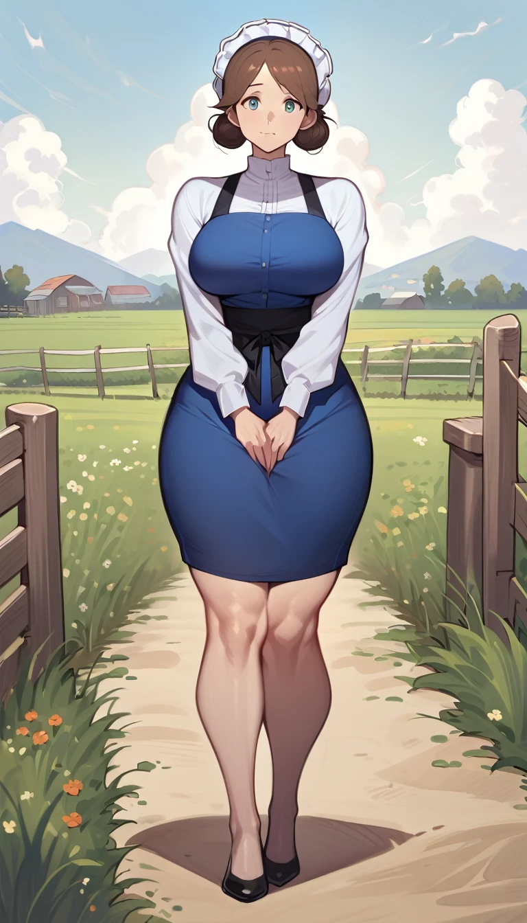 adult amish woman, 40 years old, pale skin, long sleeved blue dress, small black apron over her  blue dress, full body shown, very short brown hair in a conservative sleek bun, white bonnet kapp, wide hips, thick thighs, wearing simple black flats, thick legs, slightly below the knee dress, slight face wrinkles, tight sleeves, standing upright in a farm field, no makeup, round face, hands on lap, side view, aged face, busty, hourglass body figure, rosy cheeks