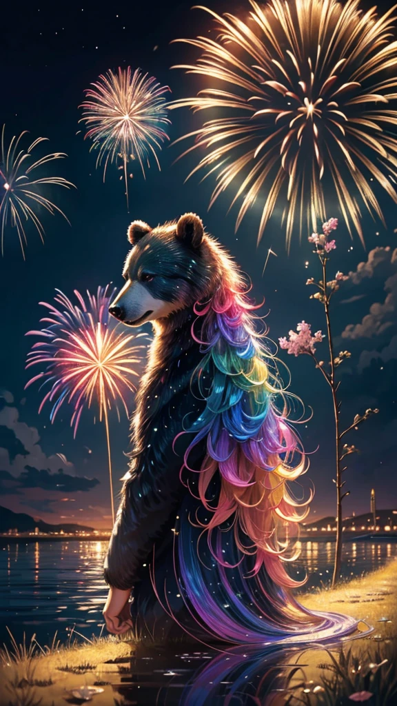 Rainbow colorsの子Bear、Bear、Bear、子Bear、Bear、子Bearたちに囲まれて、Mysterious Landscape、firework、firework大会、Rainbow colorsのfireworkが打ちあがっている瞬間、夜nullとともに、幻想的な海景色で壮大なfirework、future都市、Highest quality、masterpiece, (Diffuse reflection of light:1.2), When the fantastic rainbow turns into shadow, bathed in a mystical atmosphere.子Bearたちも見ています, Cast magic spells. evoke a sense of wonder and awe. A fusion of natural grandeur and magic, Weaving dreams into reality. Behold, null, And the unknown, Fleeting、And an eternal moment, 16K, Ultra-high resolution.Realistic, Ultra-high resolution, to be born,future、Rainbow colorsに光り輝く、Rainbow colors、The world 30 years from now。