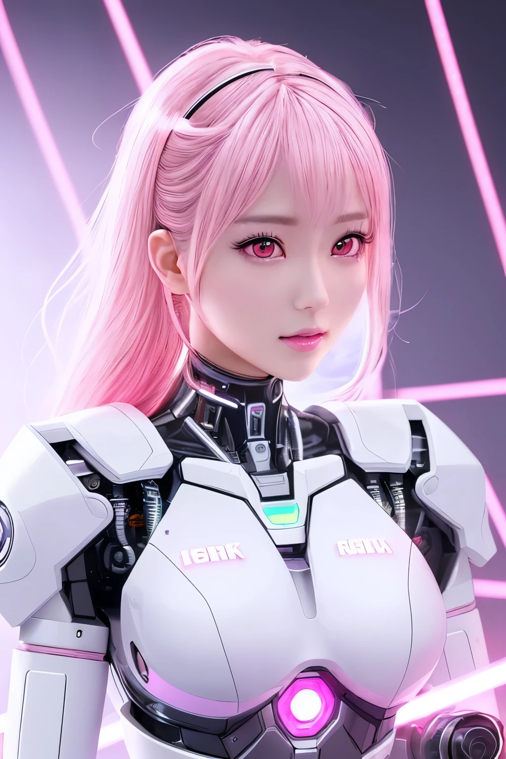 (Highest quality, High resolution, masterpiece:1.2), Very detailed, Realistic:1.37, (Perfect Anatomy),1 girl,Woman close up, Cute and perfectly beautiful Japanese idol, 24 year old female model、Transform into a cute cyborg,, (Pink LED eyes:1.4), (White artificial skin body:1.3), ,,Detailed connection lines, Wires and cables connected to the head, cybernetics, cyber punk, Intricate decorative details, The background is the interior of a robotic operating room..,,Monitor screen