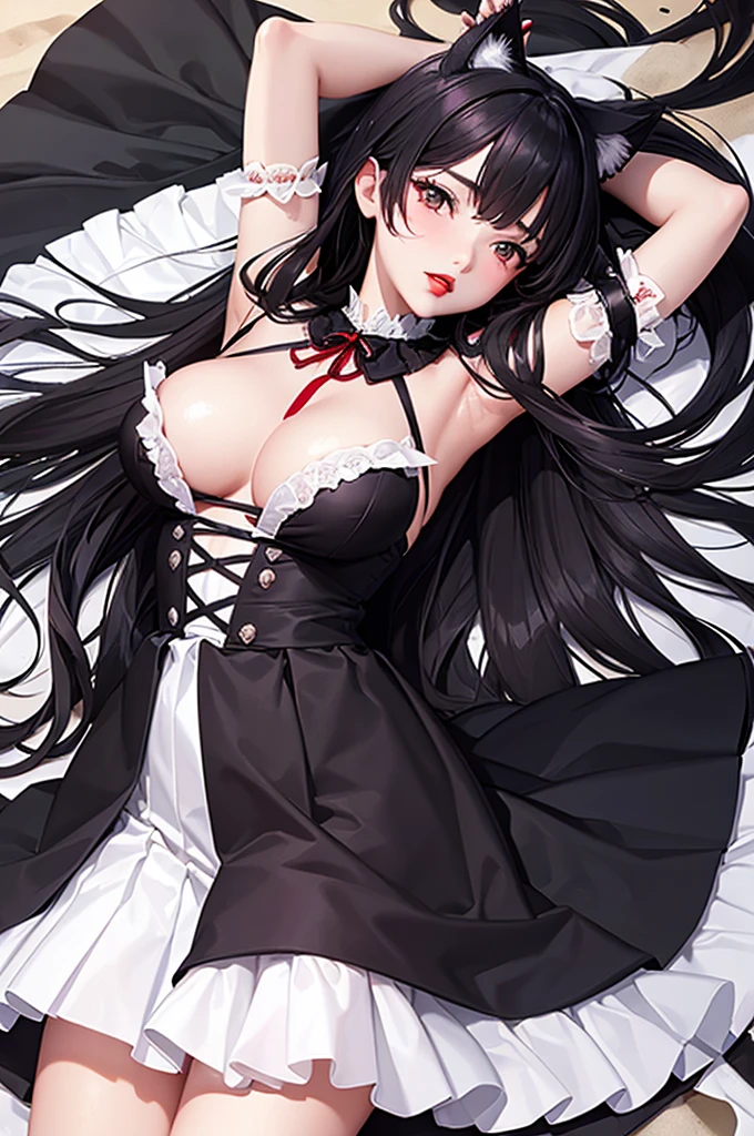 Detailed facial details,,1 girl,Red lips,Cat ear,Black long hair,Wearing pure white lace ribbon clothing,White pleated skirt,Large Breasts,Slim,Collar,Radiant Skin,Sleep on the beach,beach
