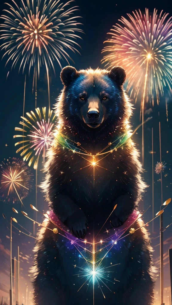 Rainbow colorsの子Bear、Bear、Bear、子Bear、Bear、子Bearたちに囲まれて、Mysterious Landscape、firework、firework大会、Rainbow colorsのfireworkが打ちあがっている瞬間、夜nullとともに、幻想的な海景色で壮大なfirework、future都市、Highest quality、masterpiece, (Diffuse reflection of light:1.2), When the fantastic rainbow turns into shadow, bathed in a mystical atmosphere.子Bearたちも見ています, Cast magic spells. evoke a sense of wonder and awe. A fusion of natural grandeur and magic, Weaving dreams into reality. Behold, null, And the unknown, Fleeting、And an eternal moment, 16K, Ultra-high resolution.Realistic, Ultra-high resolution, to be born,future、Rainbow colorsに光り輝く、Rainbow colors、The world 30 years from now。