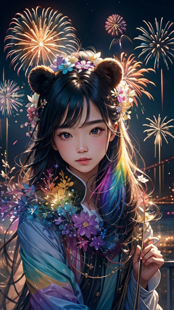 Rainbow colorsの子Bear、Bear、Bear、子Bear、Bear、子Bearたちに囲まれて、Mysterious Landscape、firework、firework大会、Rainbow colorsのfireworkが打ちあがっている瞬間、夜nullとともに、幻想的な海景色で壮大なfirework、future都市、Highest quality、masterpiece, (Diffuse reflection of light:1.2), When the fantastic rainbow turns into shadow, bathed in a mystical atmosphere.子Bearたちも見ています, Cast magic spells. evoke a sense of wonder and awe. A fusion of natural grandeur and magic, Weaving dreams into reality. Behold, null, And the unknown, Fleeting、And an eternal moment, 16K, Ultra-high resolution.Realistic, Ultra-high resolution, to be born,future、Rainbow colorsに光り輝く、Rainbow colors、The world 30 years from now。