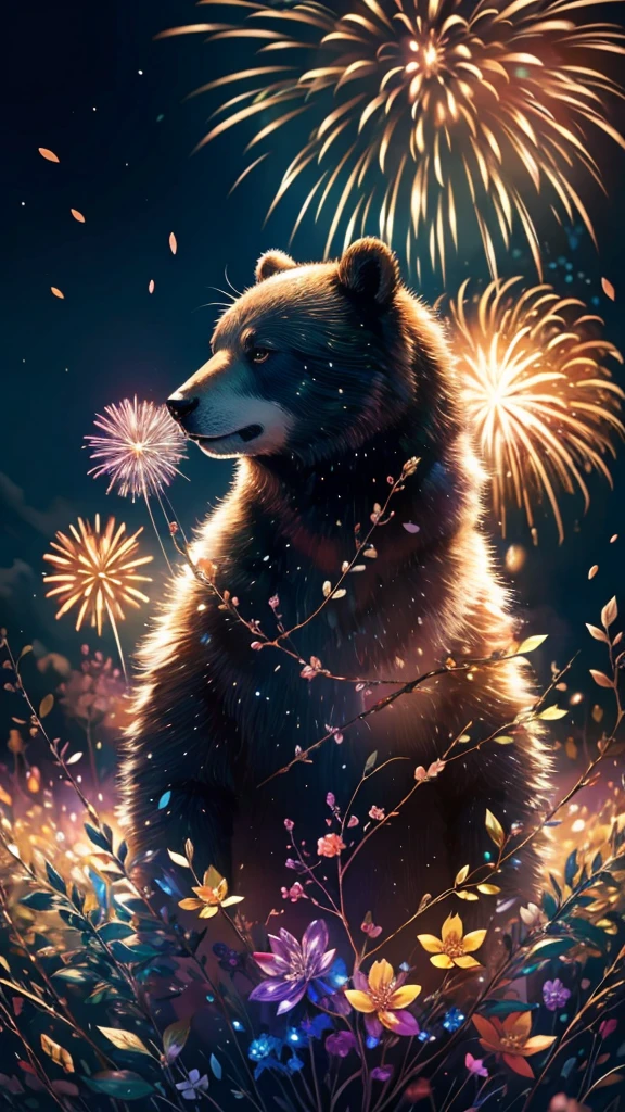 Rainbow colorsの子Bear、Bear、Bear、子Bear、Bear、子Bearたちに囲まれて、Mysterious Landscape、firework、firework大会、Rainbow colorsのfireworkが打ちあがっている瞬間、夜nullとともに、幻想的な海景色で壮大なfirework、future都市、Highest quality、masterpiece, (Diffuse reflection of light:1.2), When the fantastic rainbow turns into shadow, bathed in a mystical atmosphere.子Bearたちも見ています, Cast magic spells. evoke a sense of wonder and awe. A fusion of natural grandeur and magic, Weaving dreams into reality. Behold, null, And the unknown, Fleeting、And an eternal moment, 16K, Ultra-high resolution.Realistic, Ultra-high resolution, to be born,future、Rainbow colorsに光り輝く、Rainbow colors、The world 30 years from now。