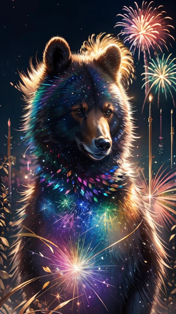 Rainbow colorsの子Bear、Bear、Bear、子Bear、Bear、子Bearたちに囲まれて、Mysterious Landscape、firework、firework大会、Rainbow colorsのfireworkが打ちあがっている瞬間、夜nullとともに、幻想的な海景色で壮大なfirework、future都市、Highest quality、masterpiece, (Diffuse reflection of light:1.2), When the fantastic rainbow turns into shadow, bathed in a mystical atmosphere.子Bearたちも見ています, Cast magic spells. evoke a sense of wonder and awe. A fusion of natural grandeur and magic, Weaving dreams into reality. Behold, null, And the unknown, Fleeting、And an eternal moment, 16K, Ultra-high resolution.Realistic, Ultra-high resolution, to be born,future、Rainbow colorsに光り輝く、Rainbow colors、The world 30 years from now。