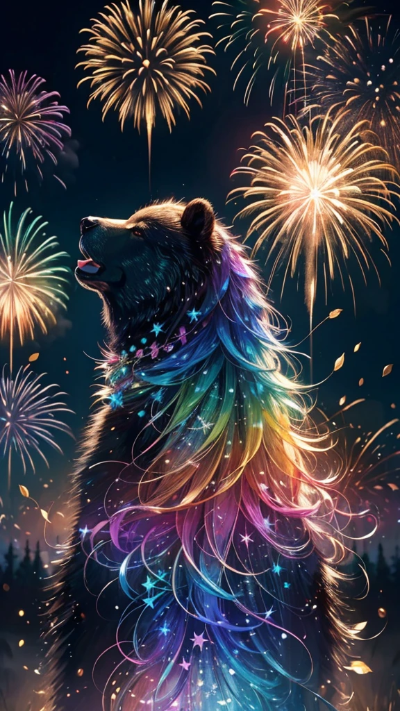 Rainbow colorsの子Bear、Bear、Bear、子Bear、Bear、子Bearたちに囲まれて、Mysterious Landscape、firework、firework大会、Rainbow colorsのfireworkが打ちあがっている瞬間、夜nullとともに、幻想的な海景色で壮大なfirework、future都市、Highest quality、masterpiece, (Diffuse reflection of light:1.2), When the fantastic rainbow turns into shadow, bathed in a mystical atmosphere.子Bearたちも見ています, Cast magic spells. evoke a sense of wonder and awe. A fusion of natural grandeur and magic, Weaving dreams into reality. Behold, null, And the unknown, Fleeting、And an eternal moment, 16K, Ultra-high resolution.Realistic, Ultra-high resolution, to be born,future、Rainbow colorsに光り輝く、Rainbow colors、The world 30 years from now。