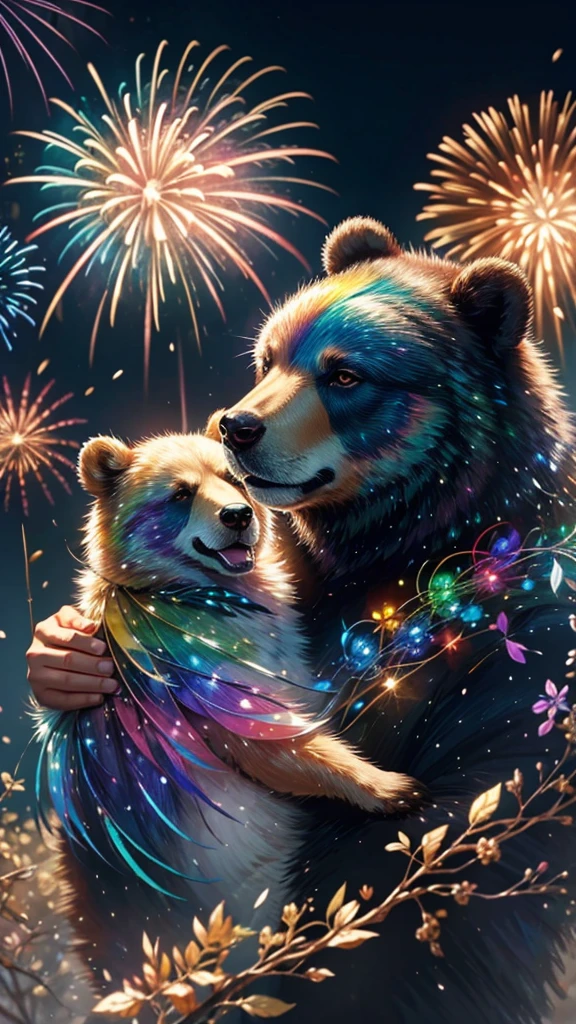 Rainbow colorsの子Bear、Bear、Bear、子Bear、Bear、子Bearたちに囲まれて、Mysterious Landscape、firework、firework大会、Rainbow colorsのfireworkが打ちあがっている瞬間、夜nullとともに、幻想的な海景色で壮大なfirework、future都市、Highest quality、masterpiece, (Diffuse reflection of light:1.2), When the fantastic rainbow turns into shadow, bathed in a mystical atmosphere.子Bearたちも見ています, Cast magic spells. evoke a sense of wonder and awe. A fusion of natural grandeur and magic, Weaving dreams into reality. Behold, null, And the unknown, Fleeting、And an eternal moment, 16K, Ultra-high resolution.Realistic, Ultra-high resolution, to be born,future、Rainbow colorsに光り輝く、Rainbow colors、The world 30 years from now。