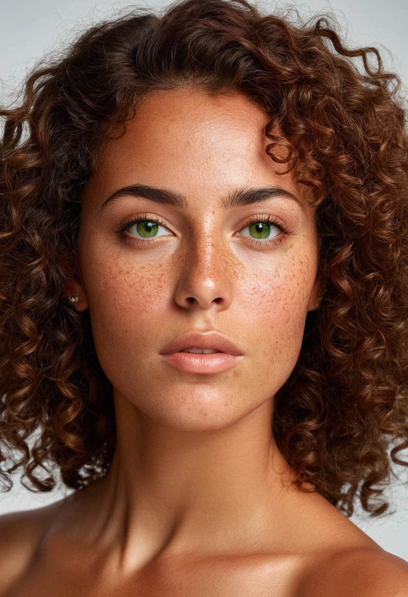 woman of latin origin has tanned skin , corps sexy , curly brunette hair , green eyes ,freckle, acne