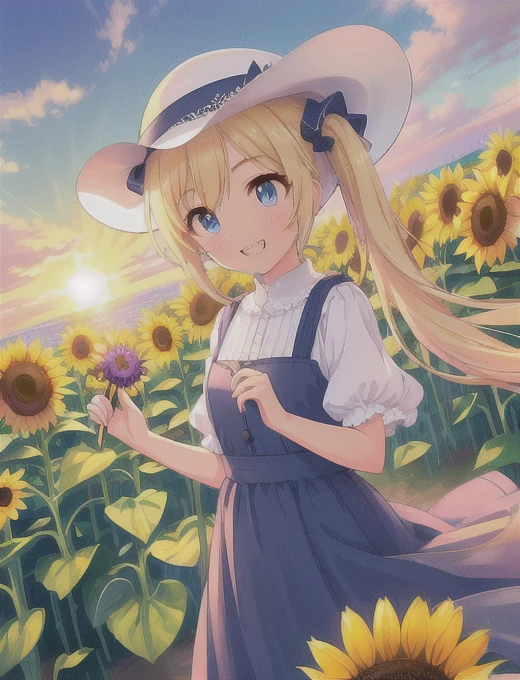 cute ,,alone,Wind,Light blonde hair, blue eyes,Very long twin tails,White Hat,blue null,smile,Double teeth,,Lens flare,dramatic, Coastal,
Flying petals, flowery Field, null, sun,Field, sunflower, masterpiece, Highest quality,