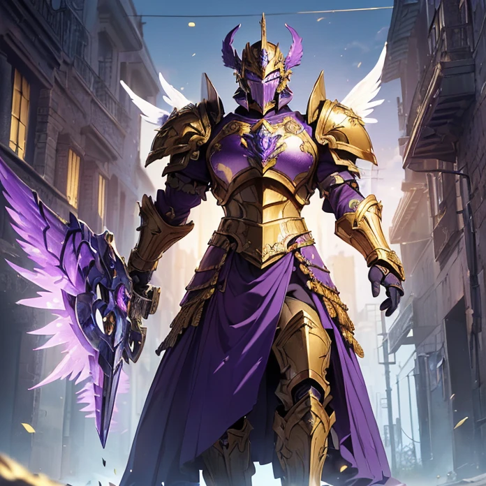 (Master piece, absurdres, best high quality image, high fantasy genre, carefully detailed textures, detailed image and background, warhammer 40k aesthetic)
{{(1character: male super soldier knight: (bulky knight armor, purple helmet, light-blue visor, golden helmet crest, purple cuirass, golden phoenix bird symbol on cuirass, purple shoulder plates with golden trims, golden elbow plates, purple arm plates, purple gauntles, purple belt, purple hip armor, purple armor boots, golden knee plates, golden phoenix bird sword, white sword blade), (standing firmly on guard around, confident pose), (modern armenian city street))}}