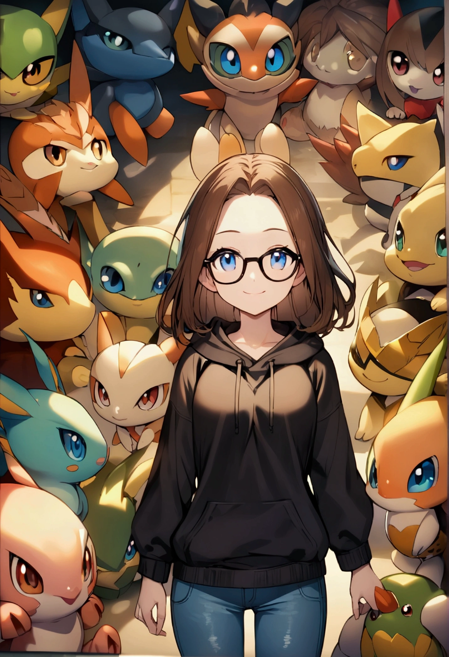 Alone, One person, Anime woman (shoulder length brown hair, blue eyes, black hoodie, jeans, dark framed glasses, clear forehead, smiling). Surrounded by lots of cute fantasy creatures like Digimon.