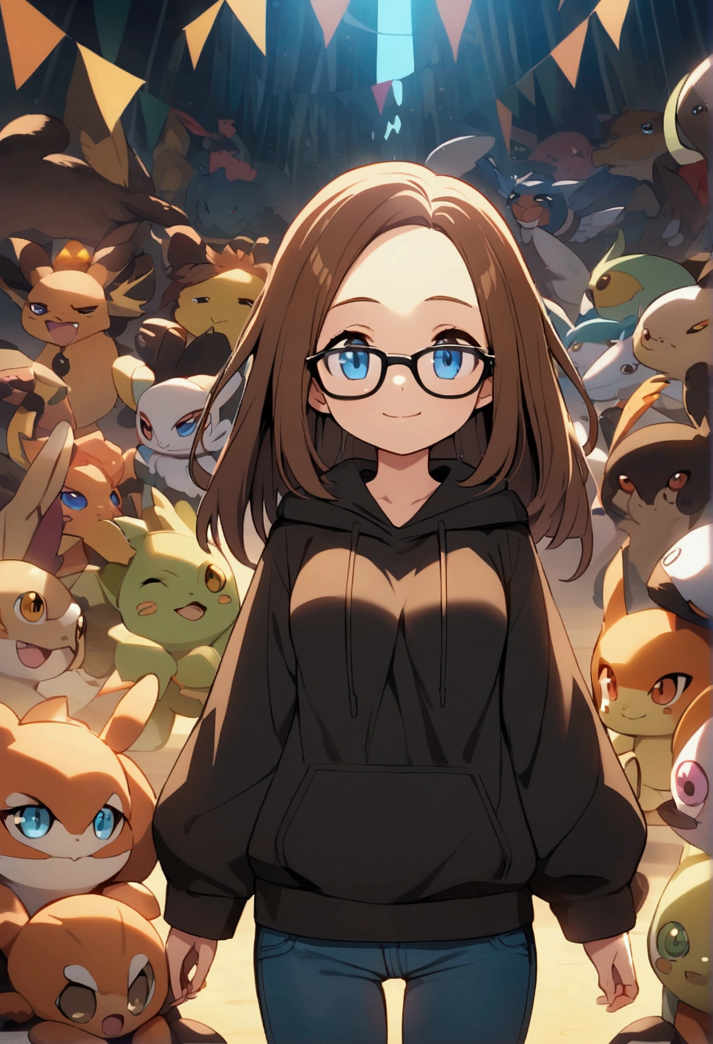 Alone, One person, Anime woman (shoulder length brown hair, blue eyes, black hoodie, jeans, dark framed glasses, clear forehead, smiling). Surrounded by lots of cute fantasy creatures like Digimon.