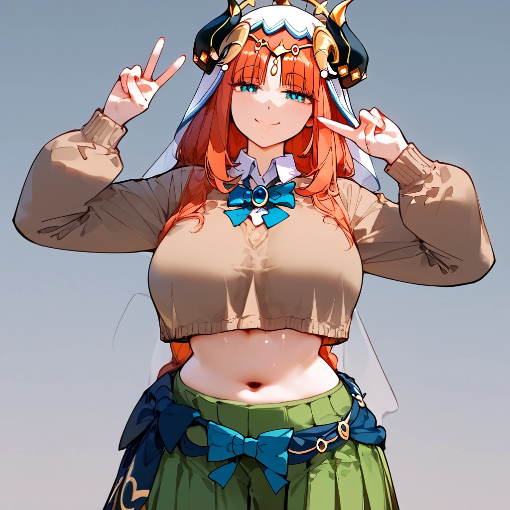score_9, score_8_up, score_7_up, score_6_up, score_5_up, score_4_up, 1girl, Nilou, Genshin impact,, large breasts,,,, floox style,  floox style, high resolution,,, expressiveh,, perfect anatomy, masterpiece, solo, gray background,, (school outfit:1.2),green skirt, brown sweater, , v, smile, happy,  light aqua eyes, she is 21 years old, navel