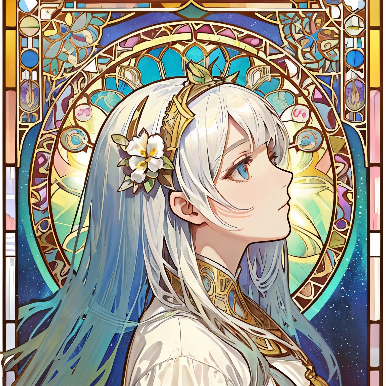 1 girl, (masterpiece, highest quality, highest quality, beautiful and aesthetic: 1.2), (1 girl: 1.3), flower jewelry, delicate clothing, square picture frame, ((face)), sharp pupils, gorgeous hair ornament, arabic clothing , cool face, Transparent and beautiful stained glass background, (Alphonse Mucha's), Traditional Arab dress,Headpiece, white hair, Gradient color hairstyle, profile