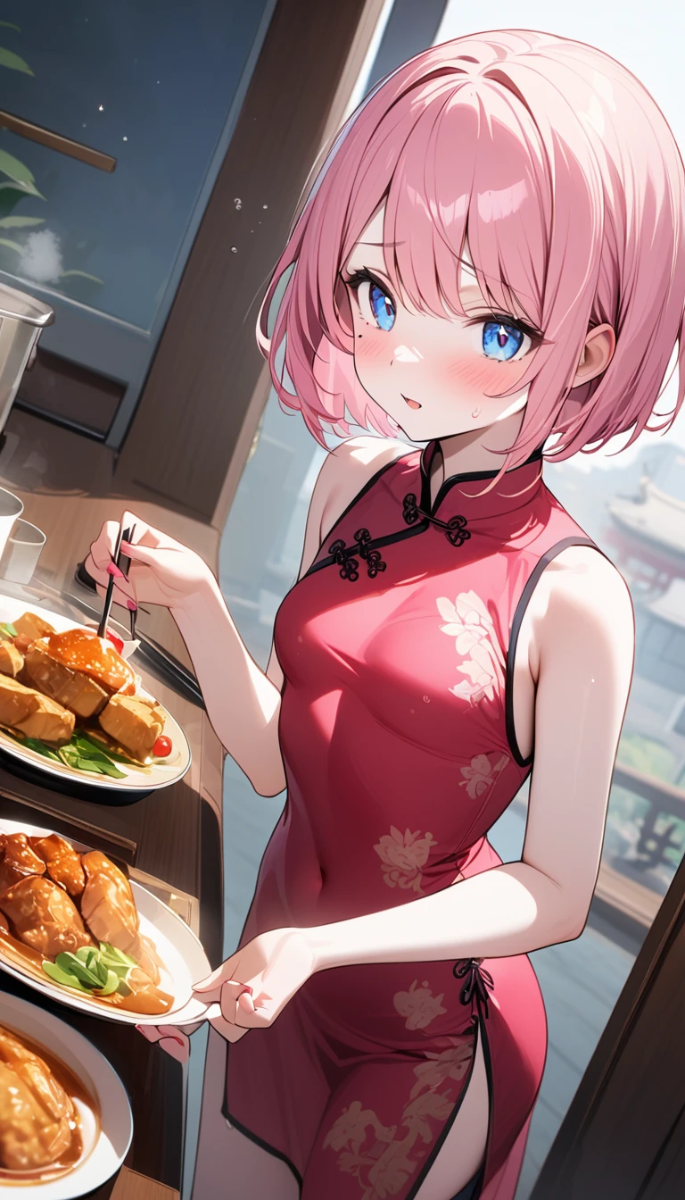 (1 girl),(Best Picture Quality, 8K, Masterpiece:1.3), (high school student:1.5), ((pink lob hair:1.1)), (bob cut),(swept bangs), (cute eyes, pupil black, iris skyblue, youthful face), (mole under right eye), (standard weight), (small breasts), (glistening skin:1.1),(pale skin:1.2),((pink chinesedress)),(flustered),(sweat),((fog skin:1.1)),(Beijing:1.2),Chinese restaurant.