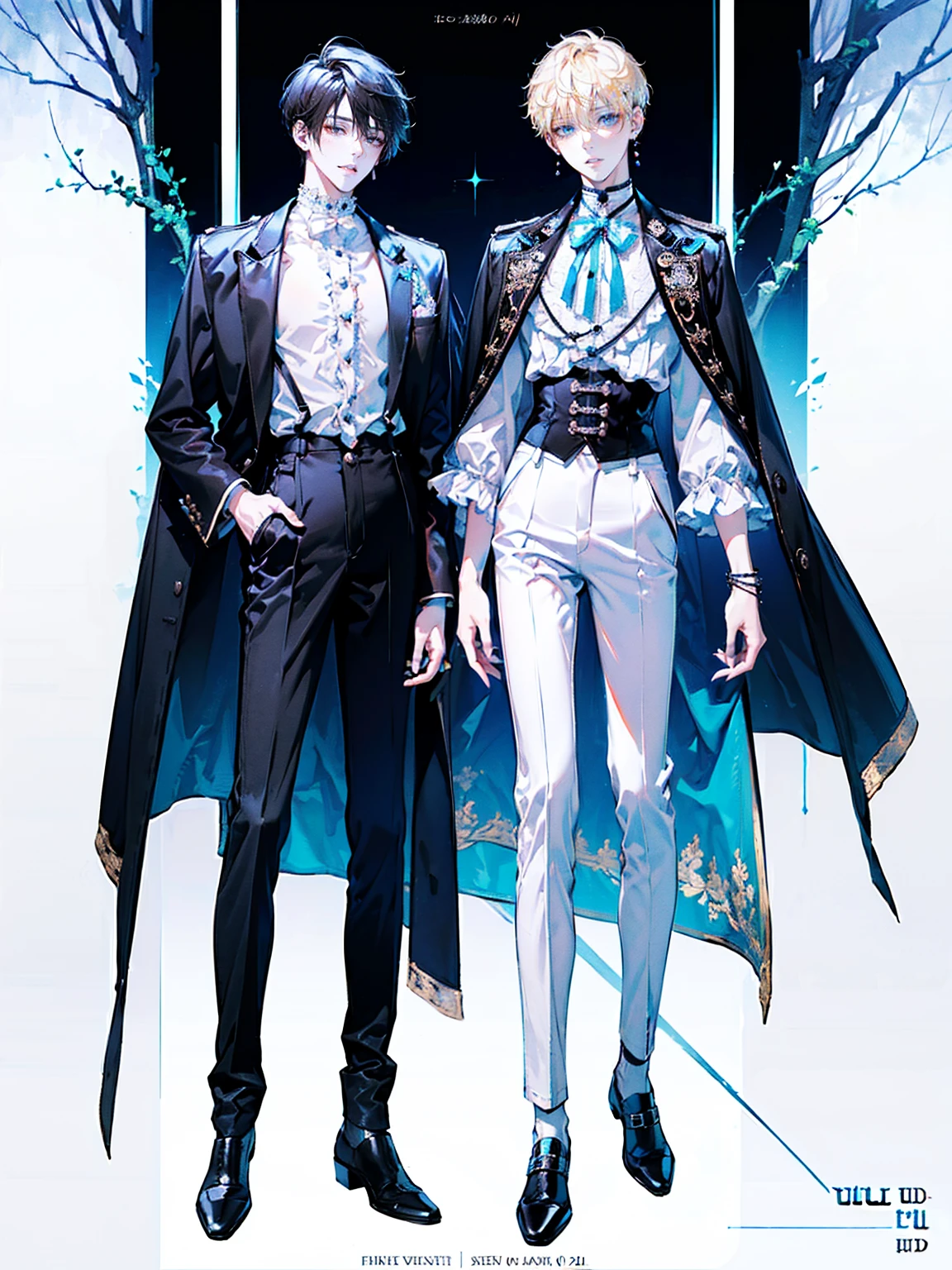 ((full body: 2)), ((UHD, masterpiece, super detail, best quality, highres, 8k)), (detailed line art), perfect face, perfect body, perfect hands, perfect feet.
Humans, around 20 years old, (2 males: 2.0), ((two characters)), male idols, (simple background, magazine cover style: 1.5).
Features of the first person :Gentle vibe, standing on the right, (bright blonde hair), (parallel eyebrows, light blue eyes, droopy eyes, thin lips), (white top, collarbone-revealing shirt, puffed sleeves shirt, white ribbon decorations:1.5, white frill decorations:1.5, white corset, high-waisted white pants, white belt, white leather shoes), (white ribbon choker), (angelic atmosphere), (looking forward).
Features of the second person : Cool vibe, standing on the left side, (black hair), (parallel eyebrows, light blue eyes, slanted eyes, thin lips), (black top, high-neck top, fitted top, (suspender jacket, waist-length jacket:1.3), black jacket, black belt decoration:1.5, black pants, black belt, black leather shoes), (black earrings, black bracelet), (devil-like atmosphere), (looking forward).