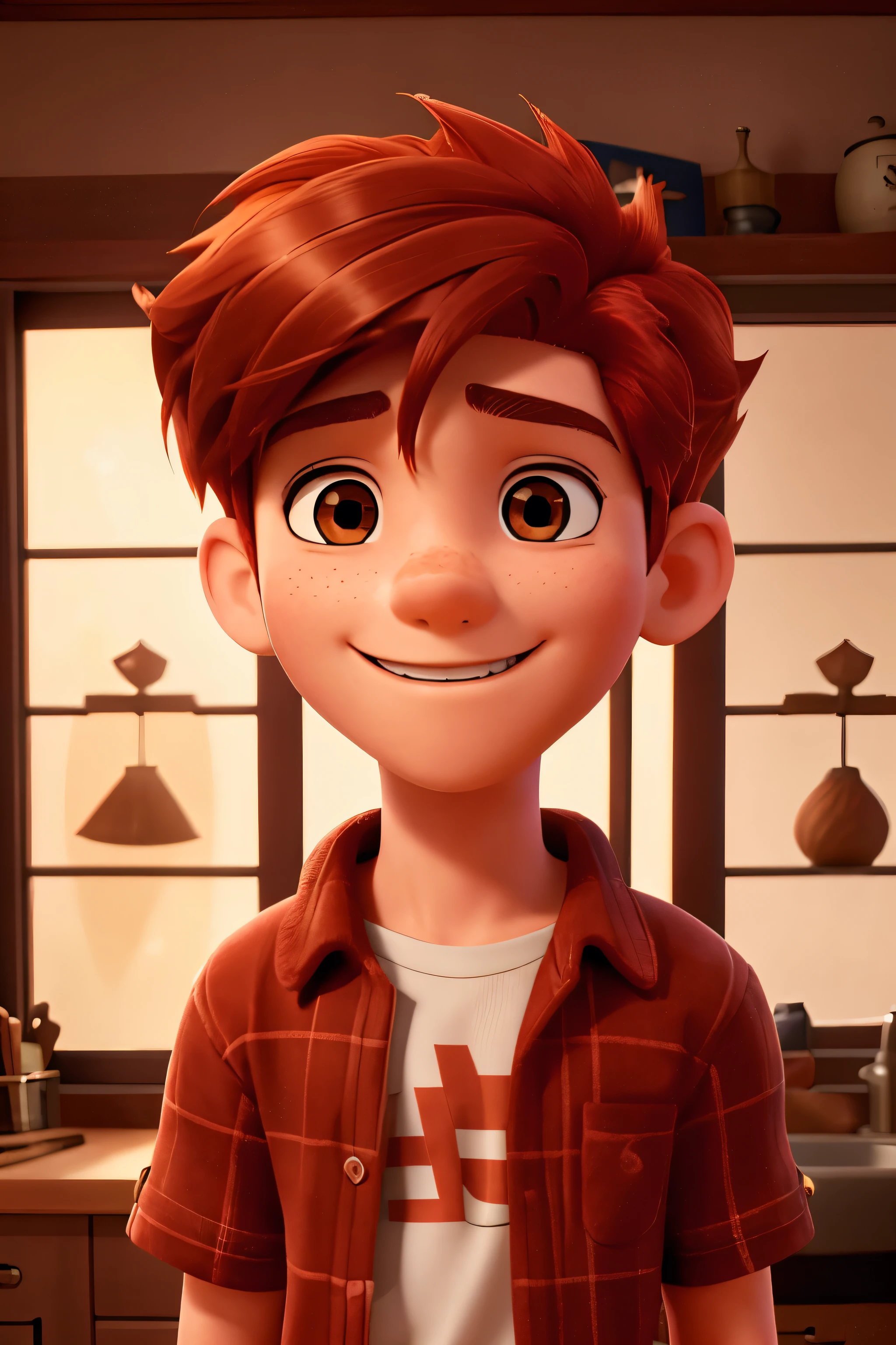 "Describe a charismatic 12-year-old boy with red hair and brown eyes, He has a captivating smile that radiates kindness and curiosity, reflecting your youthful energy and enthusiasm."