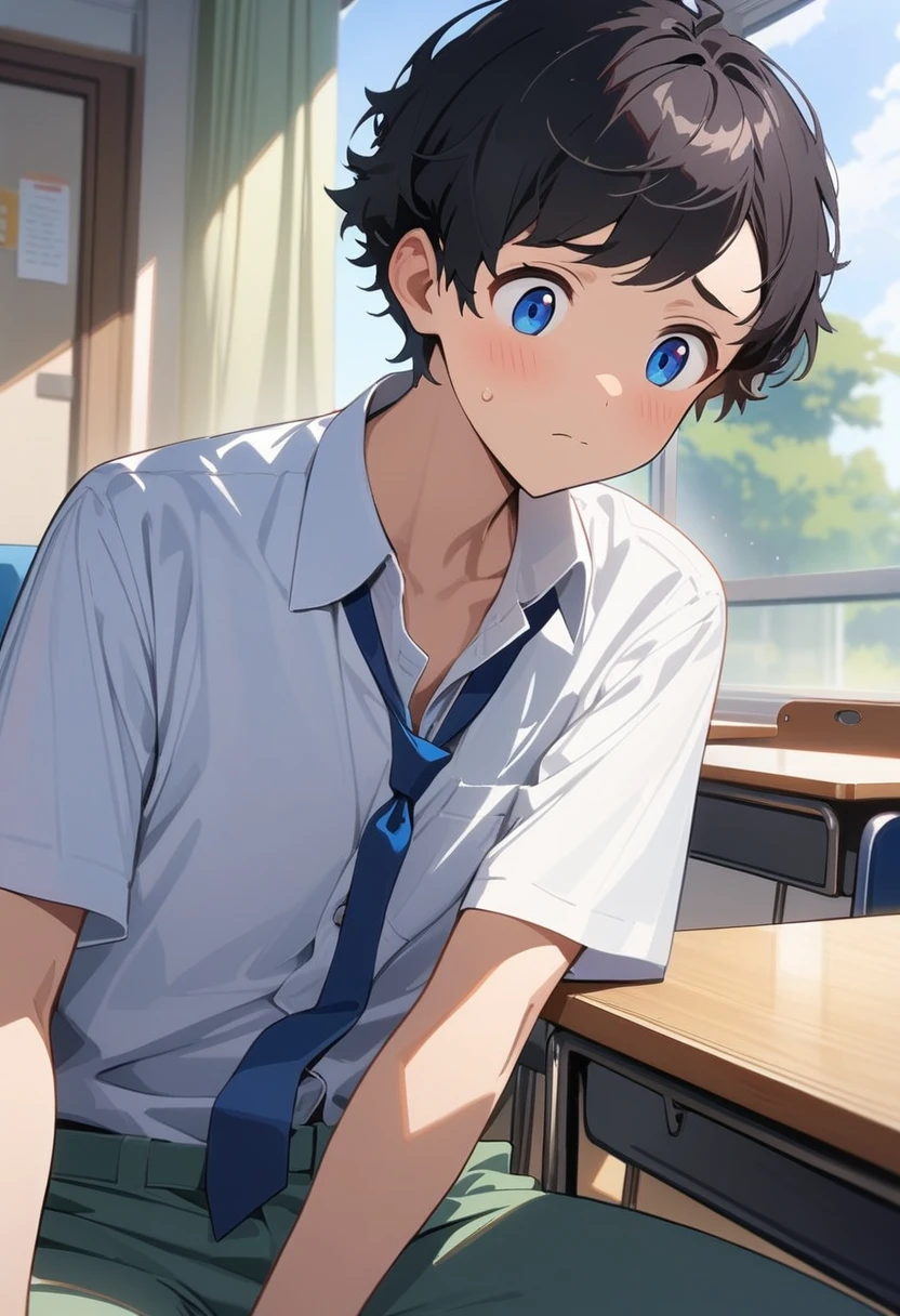 masterpiece, best quality, extremely detailed, ultra detailed, flat anime, 2D, ((1boy)),black hair, (short hair:1.5),blue eyes, height 1.7meters, (circle eyes:1.2), (young adult:1.2), Ear-length sideburns,height 1.7meters, High School Uniforms, white shirt, blue tie, ((short sleeves)), ((long pants)), sitting, closed mouth, thinking, upper body, summer, classroom, 11AM,looking at his smart phone., Operating a smart phone, bangs,(tareme:1.2), dircle face, kinky hair, (young adult:1.2)