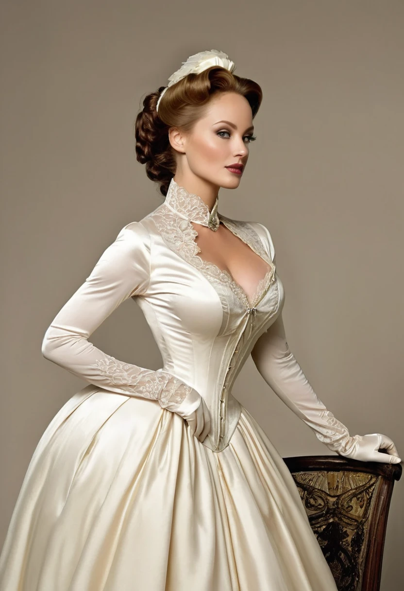 A beautiful Aristacrat goddess with large elegant, hawk-like-nose, who embodies old fashioned class, sophistication, elgance as well as wholesome, natural beauty. curvy, thin-waist, wide-hips, swaying-hips. Laura Vandervoort. Oppulent historically accurate victorian dress. very seductive and perverful.