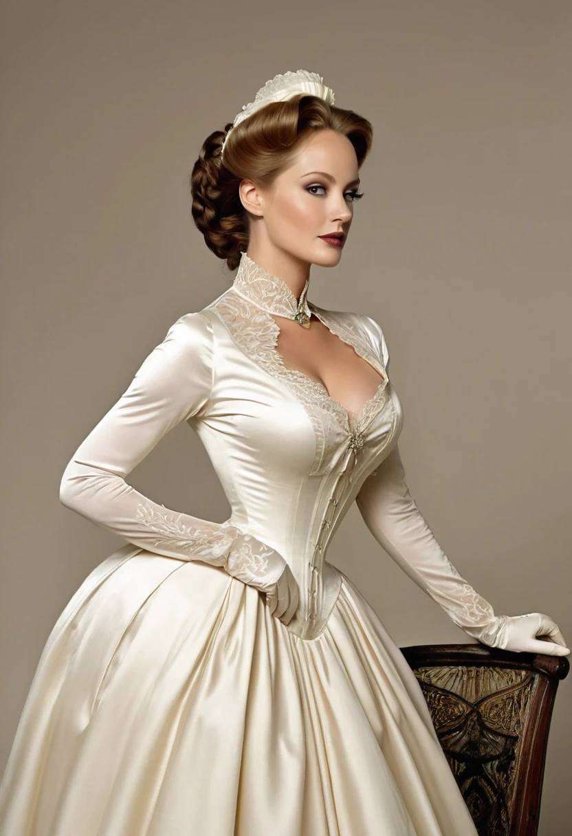 A beautiful Aristacrat woman with large elegant, hawk-like-nose, who embodies old fashioned class, sophistication, elgance as well as wholesome, natural beauty. curvy, thin-waist, wide-hips, swaying-hips. Laura Vandervoort. Oppulent historically accurate victorian dress.