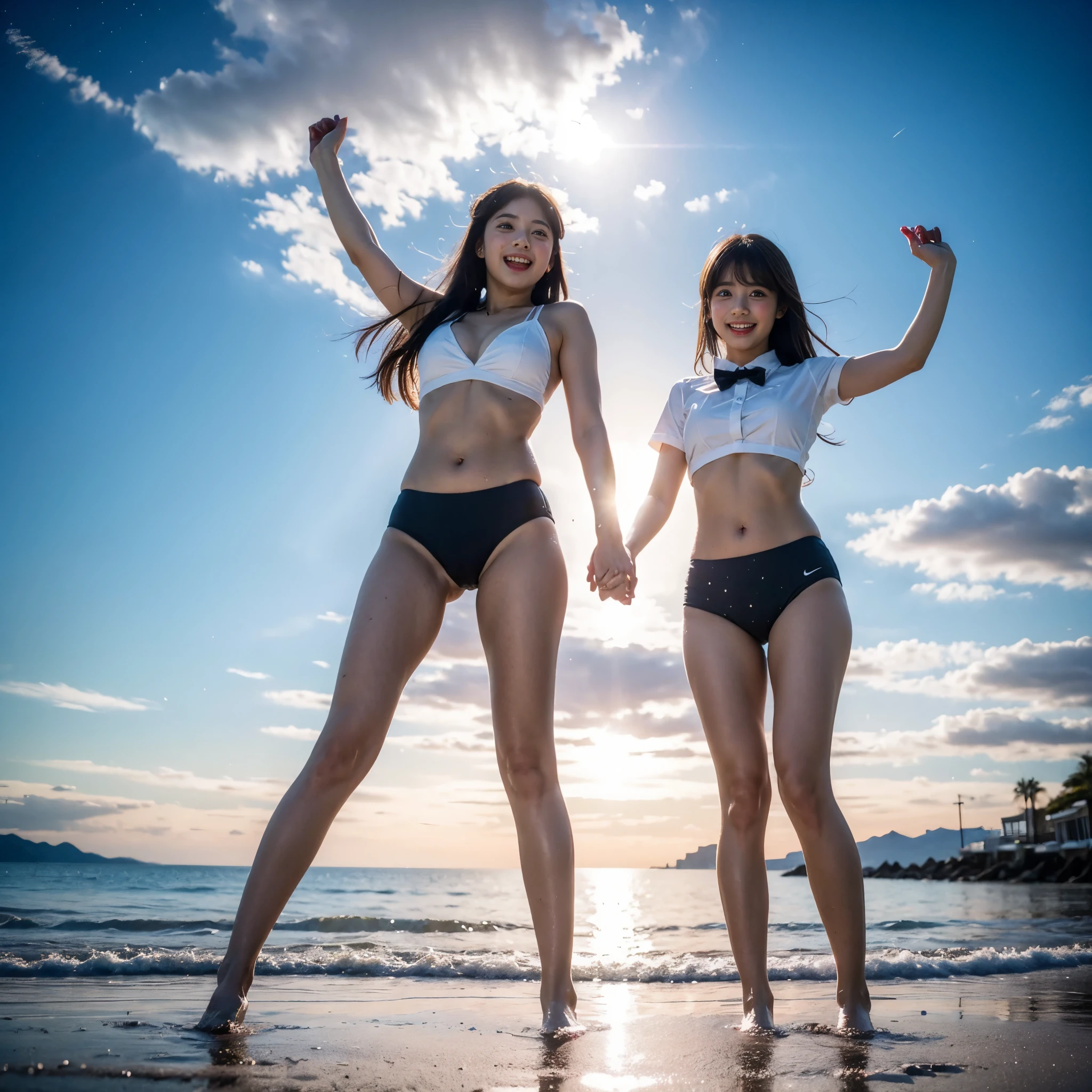  Masterpiece of ProfessionalPhoto ((ExtremelyDetailed (12 PICHIPICHI KAWAII Girls Floating in The Air in a row:1.37) in WHITE at Dusk Enoshima Beach)), {(Standing Full Body:1.2)|(from below:1.2)|Detailed KAWAII face}, Different types of hair colors, {(skinny(school swimwear))|(SchoolUniform)with Skinny AthleticShorts}, {(Corrected Childish hand)|Hidden hand|Different types of breasts|(Clearly Visible the shape of Butt)}, Joyful Expressions LifeLike Rendering, PerfectLighting, (Dazzling Horizon Visible through ThighGap), (Starry IridescentParticles:1.22) ColorfulClouds