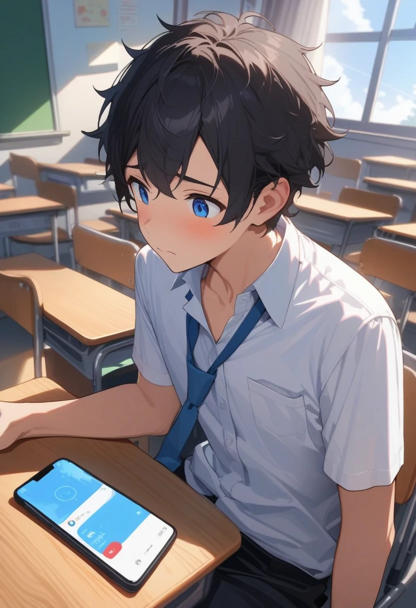 masterpiece, best quality, extremely detailed, ultra detailed, flat anime, 2D, ((1boy)),black hair, (short hair:1.5),blue eyes, height 1.7meters, (circle eyes:1.2), (young adult:1.2), Ear-length sideburns,height 1.7meters, High School Uniforms, white shirt, blue tie, ((short sleeves)), ((long pants)), sitting, closed mouth, thinking, upper body, summer, classroom, 11AM,looking at his smart phone., Operating a smart phone, bangs,(tareme:1.2), dircle face, kinky hair, (young adult:1.2)