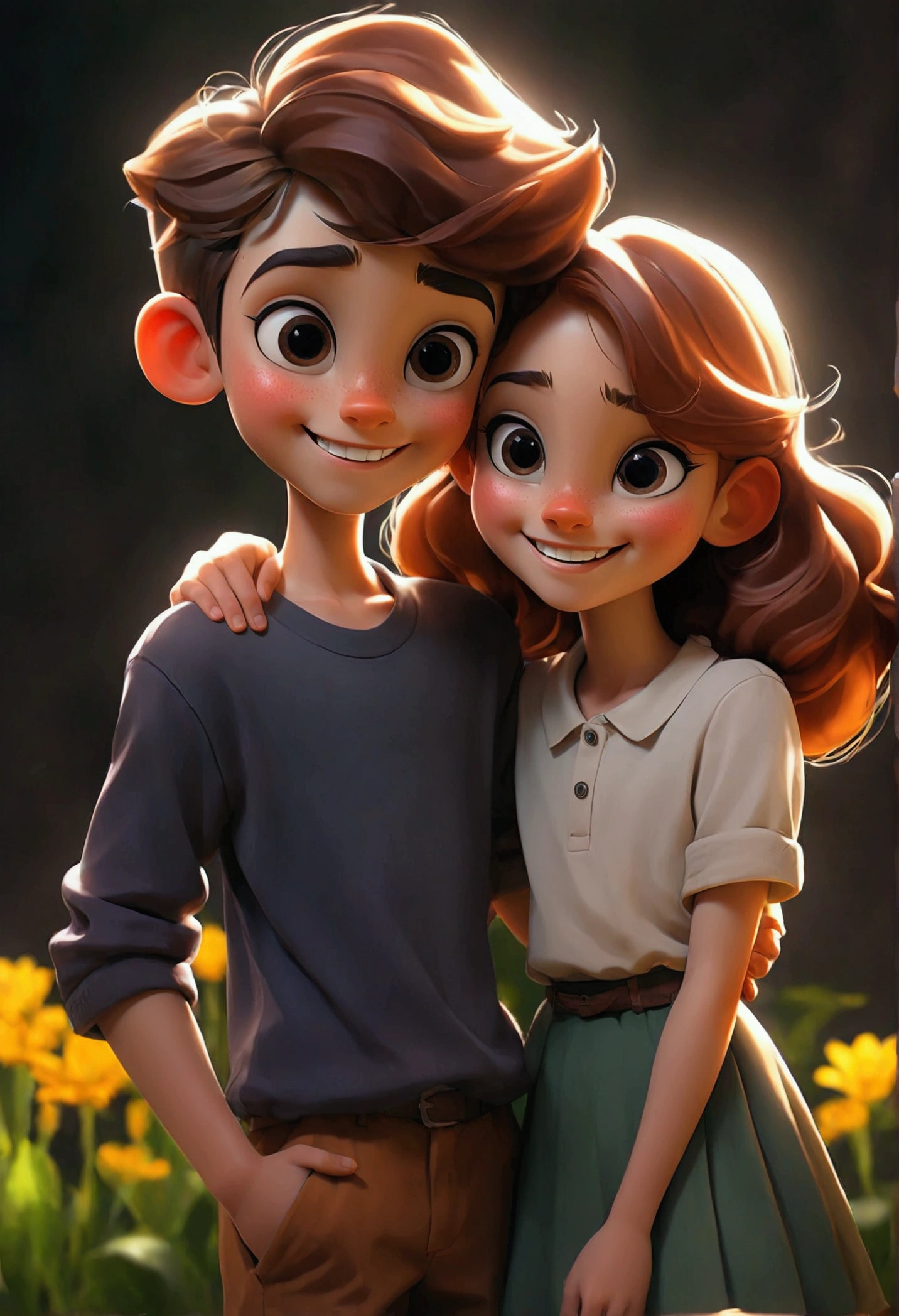 Carl Grimes, teenage boy with hat and shoulder length brown hair and lola flanery, Teenage girl with brown hair down to her waist the two boys with blue eyes... Those teenagers are hugging each other 