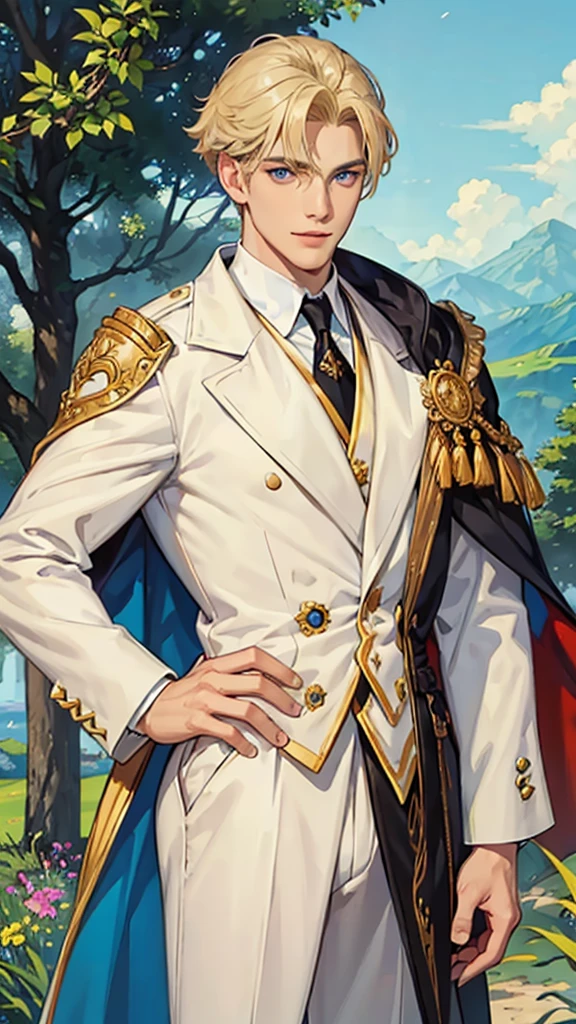((masterpiece: 1.2, Top quality)), ((2 men)), Short Blonde, blue eyes (Handsome: 1.4), White suit, , Royal Family, The Tough Black Knight, Black short hair, Golden Eyes, There is a scar on the right eye, Black Armor, fantasy, forest, Blooming flowers, Sunlight, Wonderful light and shadow, landscape, The face is rich in detail, portrait, Smile