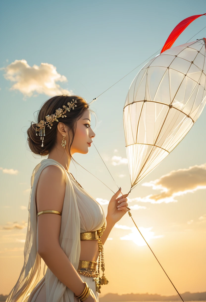 Beautiful details of the Goddess of Abundance、Wearing a long toga、Kite's Wing、Has horns and a sun disk on its head、Intricately decorated headdresysterious and shining aura、Fantastic landscape background、Cinematic lighting、Dramatic Shadows、grow、Very detailed、8k、Photorealistic、masterpiece