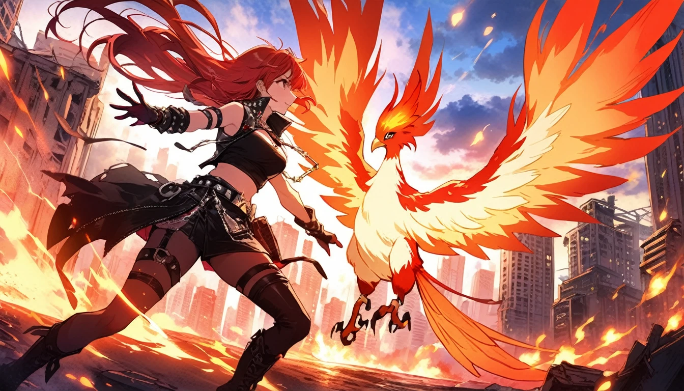 1 beautiful woman with long red hair, Rockstar Clothes, Burning sky and a big flying phoenix, An abandoned city can be seen in the background., Light from a flame, Very high resolution, Very high resolution, Dynamic configuration, Intricate details, Cinematic Vision, Action image