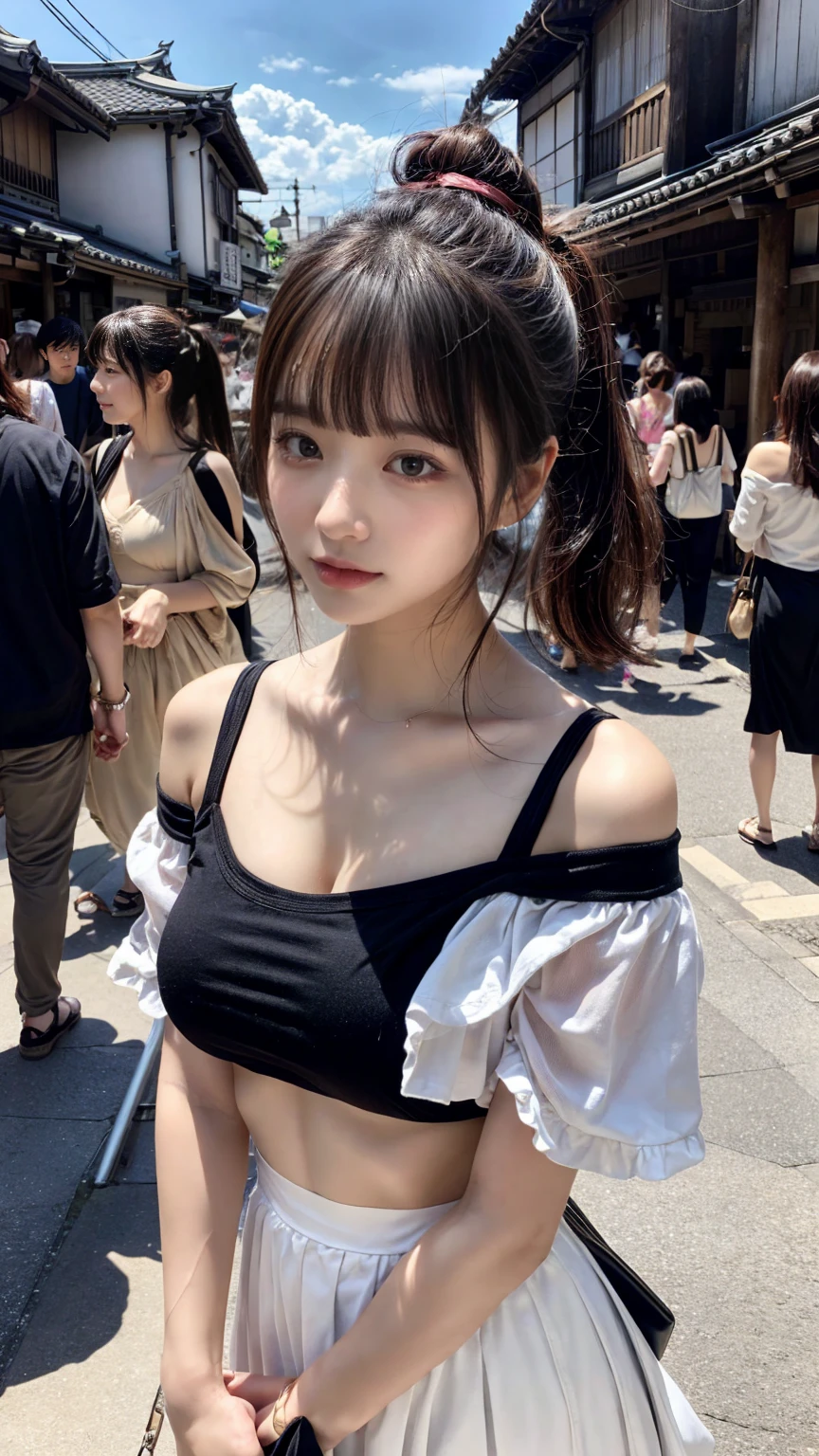 Please make her bustier and sexier、Please use Shibuya Scramble Crossing as the background.。