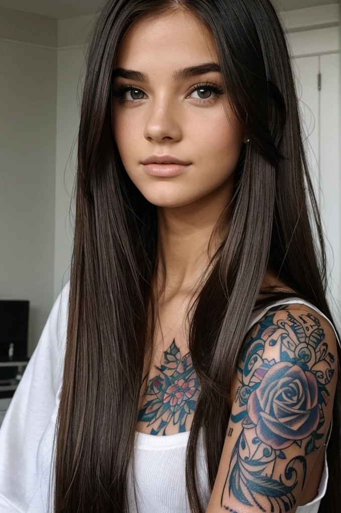 A girl who looks like Rosie, with her hair straight over her face and a tattoo