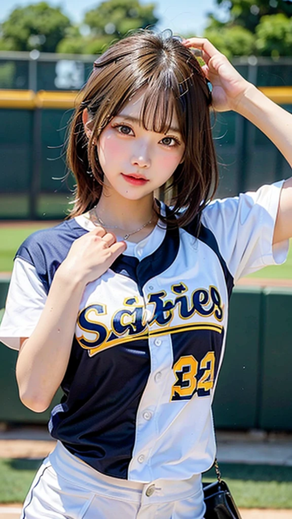 (8k, masterpiece, highest quality),girl１name、wet sweat、baseball、pitching、cheerleader clothes、Simple baseball stadium background、head shot