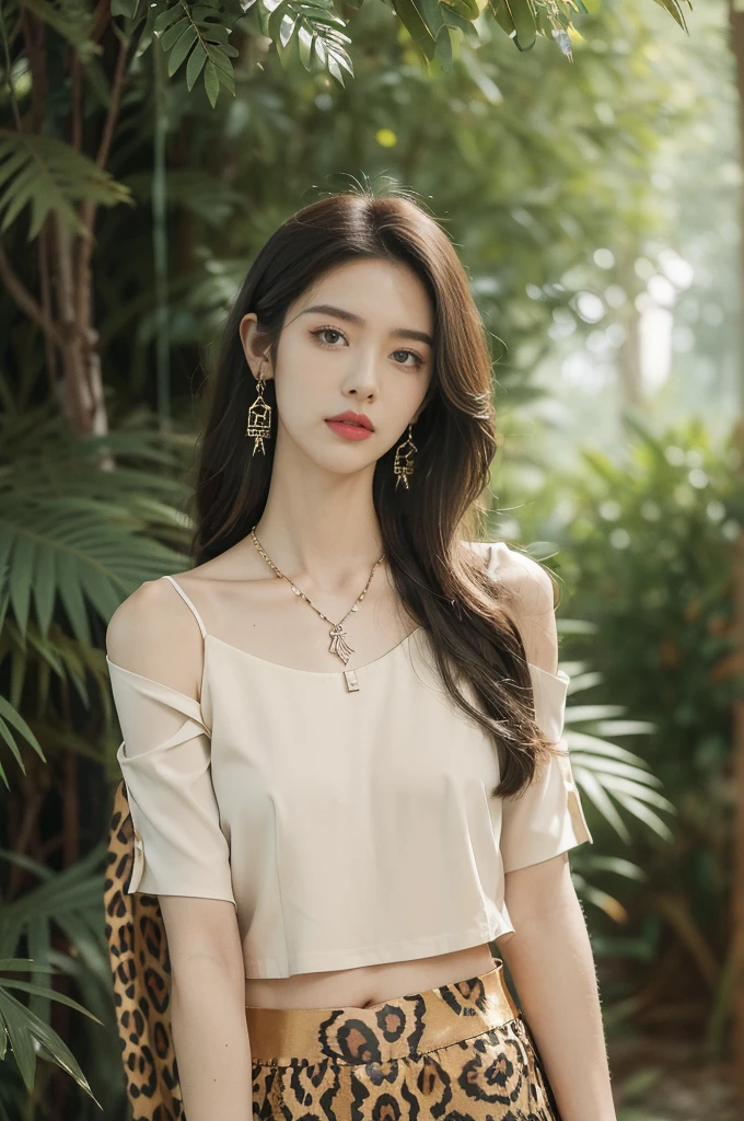 (((best quality))),(((ultra detailed))),(((masterpiece))),illustration,((1 beautiful girl,solo)),(shoulder length messy hair:1.2),((Beast bone earrings and necklace)),((slim,thin)),((small breasts,flat chest)),(slender legs:1.2),fair complexion,(leopard print short-sleeved shirt and mini skirt:1.3),seductive,wild spirit,lush forest,primitive,tall trees,green canopy, sunlight filter,scent of earth,bird chirping,small creatures,secluded spot,captivating,enigmatic,raw energy,untamed spirit,morden day Eve,Garden of Eden,playful,adventurous,striking appearance,exotic setting,summertime,heat,humidity,vibrant colours,endless possibilities,exquisite detail,expansive wilderness,feminine allure,((from front,upper body))