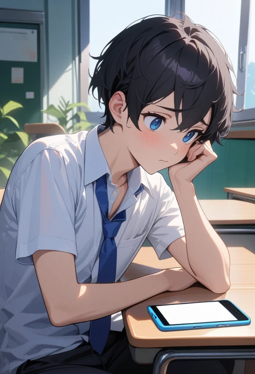 masterpiece, best quality, extremely detailed, ultra detailed, flat anime, 2D, ((1boy)),black hair, (short hair:1.5),blue eyes, height 1.7meters, (circle eyes:1.2), (young adult:1.2), Ear-length sideburns,height 1.7meters, bangs,(tareme:1.2), dircle face, kinky hair, (young adult:1.2), High School Uniforms, white shirt, blue tie, ((short sleeves)), ((long pants)), sitting, closed mouth, thinking, upper body, summer, classroom, 11AM,looking at his smart phone., Operating a smart phone,