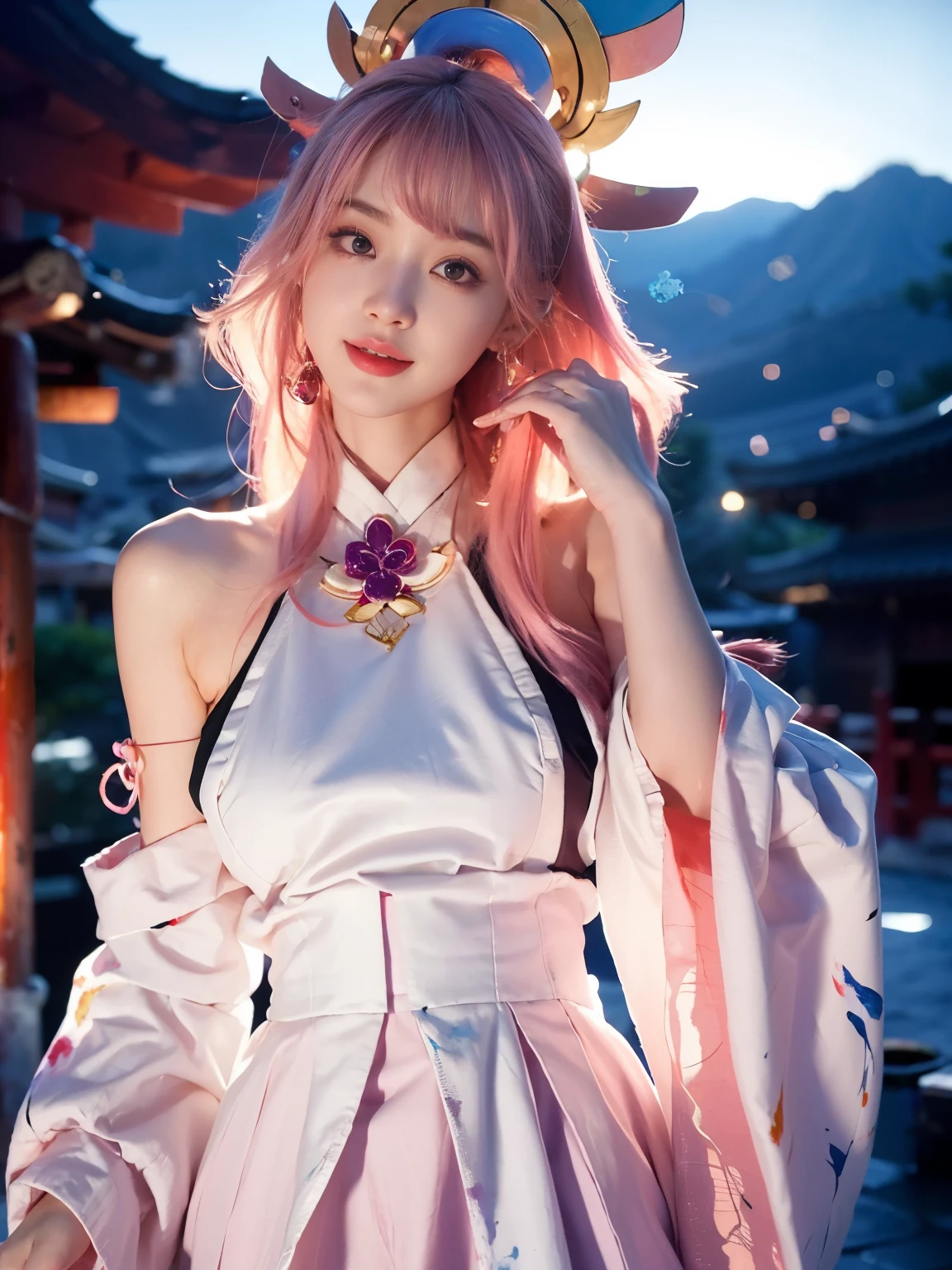 kpop idol, yae miko, detached sleeves, bare shoulders, pink hair, long hair, japanese clothes, best quality, (painting:1.5), (hair ornament:1.35), jewelry, purple eyes, earrings, breasts, torii, cherry blossoms, lantern light, depth of field face focus, ribbon_trim, (looking at viewer:1.25), nontraditional miko, shiny skin, long sleeves, smile, thick lips, hands on lips, east asian architecture, (blurry background:1.2), sitting, upper body,((ultra high res, 8k, RAW photo, best quality, masterpiece:1.47746,realistic:1.4, photo-realistic:1.4,cinematic lighting:1,intricate details:1,raw photo:1))(((ultra-detailed:1.47746))),professional lighting,((physically-based rendering:1)), ((ruddy skin:1,sweat))lens flare,ray tracing ,(extremely detailed face, beautiful detailed eyes,expressive hair:1.5,shiny hair;1)cinematic lighting,(vivid expression) (body muscle:1) solo(1girl:1.5)((smiling:1),(plump figure:1,blance body:1)(realistic hand,realistic clothes)
