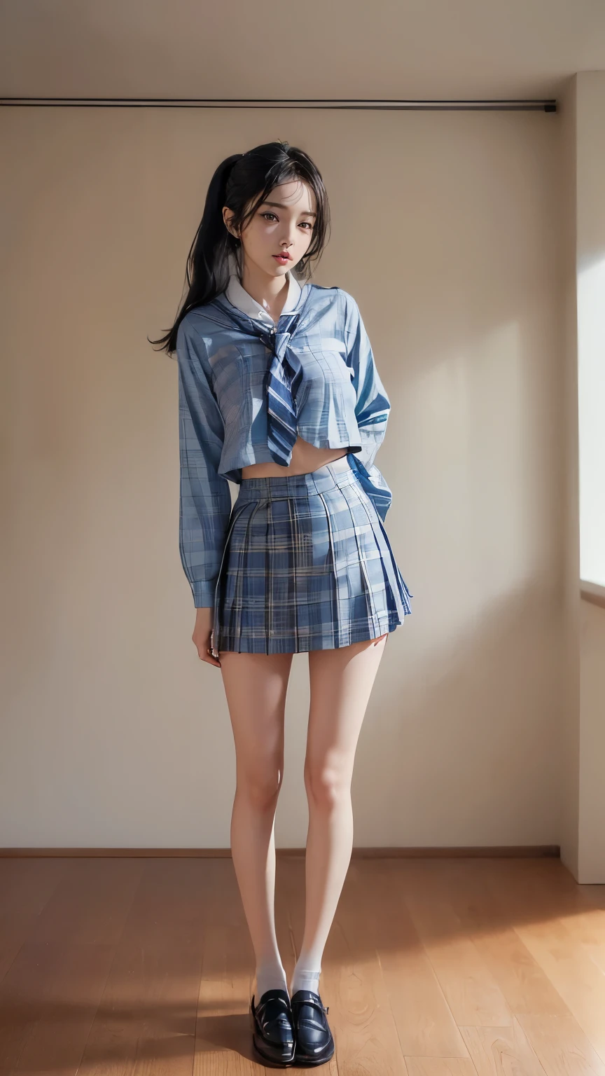 ((masterpiece)),(((最high quality))),(((((Full body shot of a girl taken from the floor:1.7))))),((Photograph the whole body from knee height:1.6)),((((((Stand up straight with your legs together:1.9)))))),((Thin thighs)),((Long legs)),(((Girl standing in a school classroom:1.7))),(((Micro Mini Skirt Uniform:1.6))),((expensive:1.8)),((Japan in summer uniform:1.8)),((Wearing a red tie:1.4)),Wearing a short-sleeved white shirt,Her erect nipples are clearly visible under her clothes..,(Blue checked micro mini skirt:1.2),(:1.3),bangs,A small smile,((cute女の子)),Slender girl,Black Loafers,short white socks up to the ankles,,,cute,The thighs below the groin are slim and firm,cute,Black hair ponytail,Thin legs,スリムなModel body type,Very small waist,Small hips,Long thighs,Thin thighs,Thin hands,Long hands,((((Full body from belowを撮影する:1.5)))),(((((k-popのIVEのWONYOUNGにそっくりの女の子:1.9))))),((Keep your whole body facing straight ahead:1.8)),((expensive:1.4)),(Stand with your legs straight and without bending your knees:1.7),((Stand up straight:1.7)),((turn your hips forward:1.7)),The ankles are super thin,beauty,Fine skin,Firm Skin,引き締まったThin legsの肌を細部までリアルに再現,Very detailed, Attention to detail,high quality,Awards,High resolution,(Anatomically correct:1.3),(8k,RAW Photos,最high quality,masterpiece:1.5),(((Photographing a girl'Full body from below))),(((She is taking a picture with three other girls from her class.:1.5))),3人ともスリムでcute,Height 173cm,((Stand up straight with your legs together:1.7)),((Stand up straight without bending your knees:1.7)),((Stand up straight with your feet shoulder-width apart:1.5)),((Stand up straight in a relaxed position:1.7)),(((Keep your back straight:1.8))),((look forward to:1.2)),8頭身beauty,Model body type,((Inseam is half the height:1.3)),Thin thighs,((k-popのIVEのWONYOUNGにそっくりの女の子:1.5))