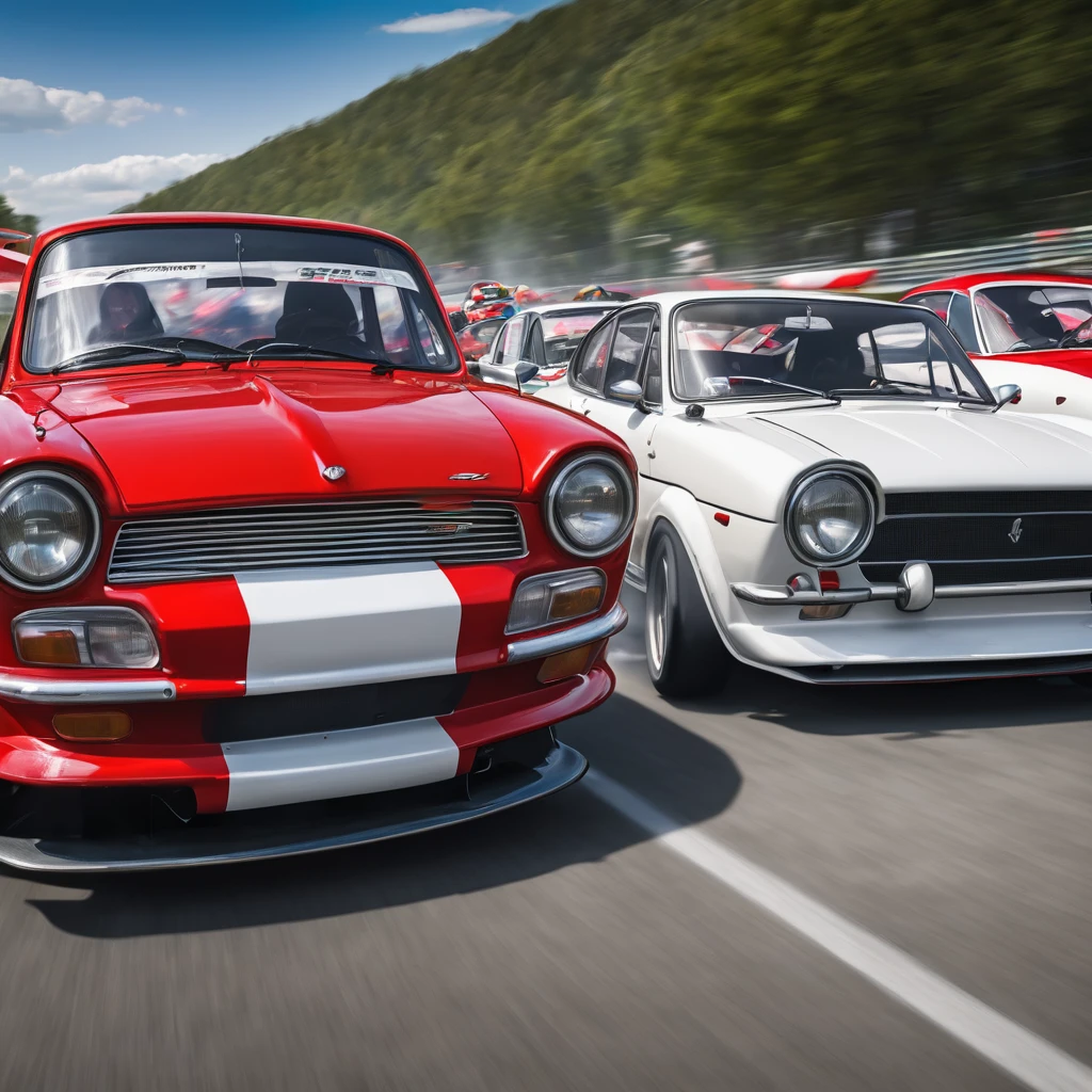 in road car races, an old European passenger car (with red color) overtakes all modern sports cars (with white color)