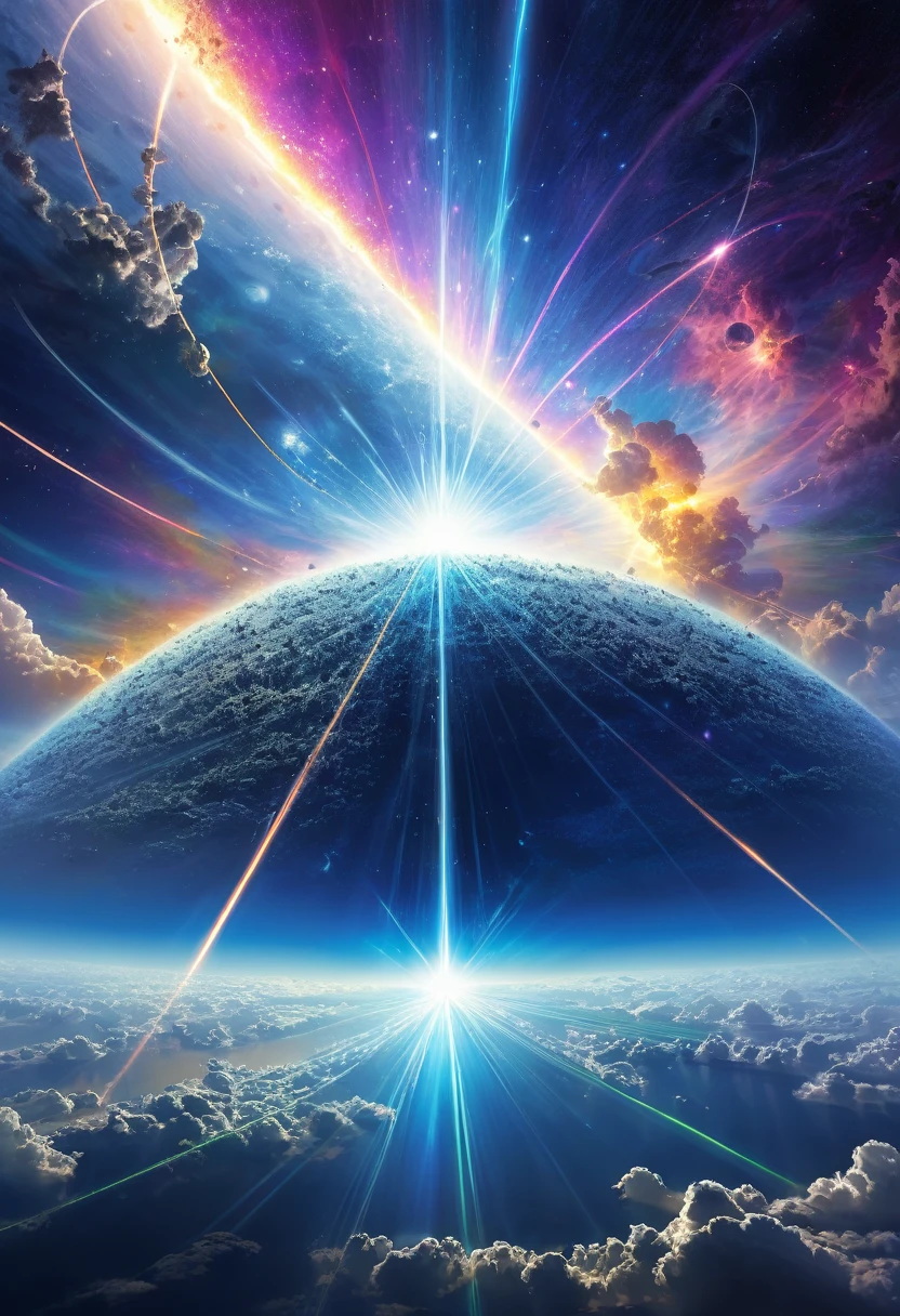 beautiful cosmic rays, destruction, annihilation, annihilation, 2.5D, delicate and dynamic, realistic beauty, graphic arts