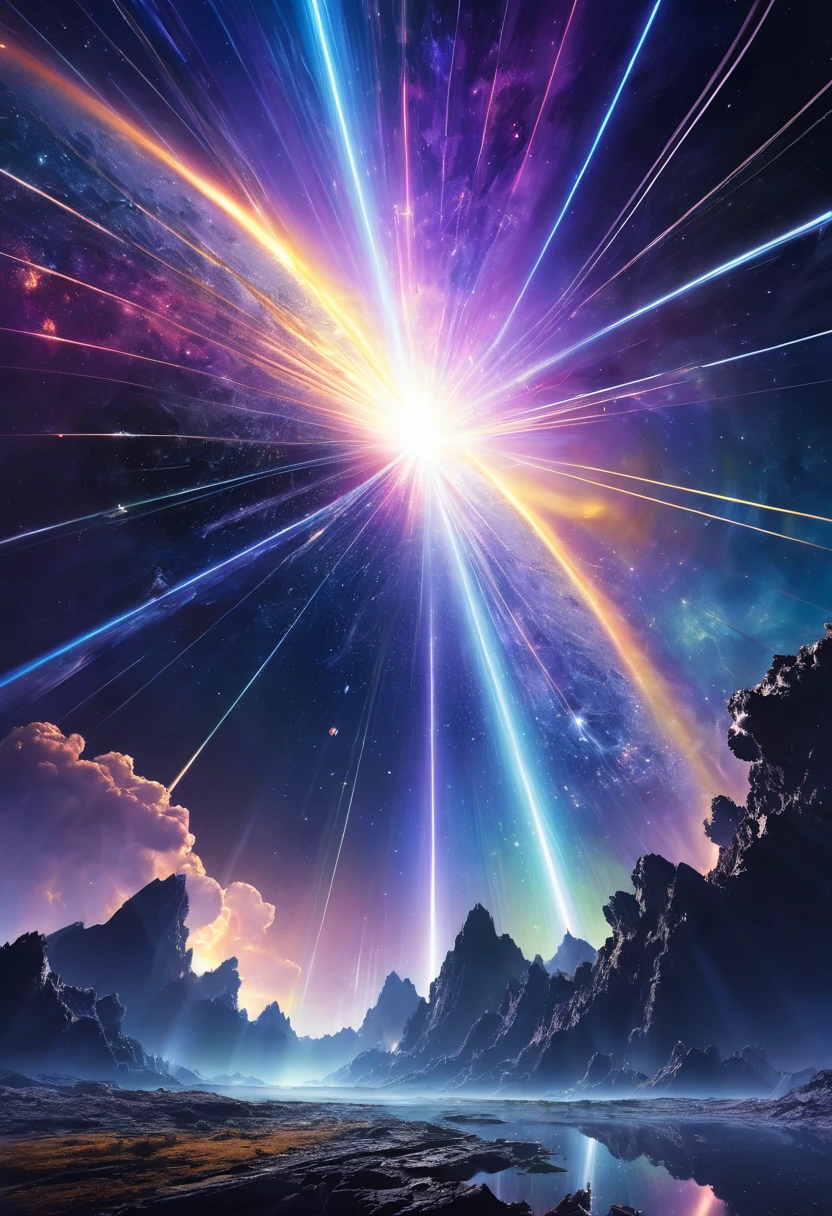 beautiful cosmic rays, destruction, annihilation, annihilation, 2.5D, delicate and dynamic, realistic beauty, graphic arts