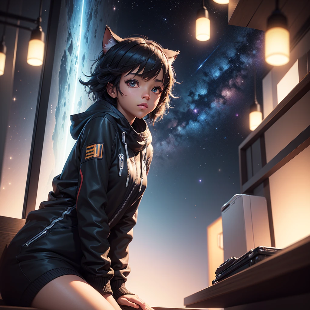 1 black girl, catgirl, sitting on a shelf, looking up at the sky, Makoto Shinkai inspired, trending on Pixiv, space background, Makoto Shinkai Cyril Roland style, 4k, 8k, highres, masterpiece, ultra-detailed, realistic, photorealistic, photo-realistic, HDR, UHD, studio lighting, ultra-fine painting, sharp focus, physically-based rendering, extreme detail description, professional, vivid colors, bokeh, anime, sci-fi, concept art