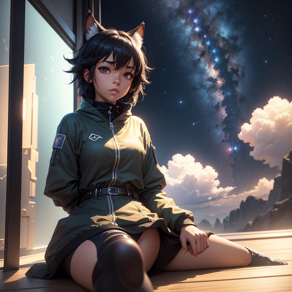 1 black girl, catgirl, sitting on a shelf, looking up at the sky, Makoto Shinkai inspired, trending on Pixiv, space background, Makoto Shinkai Cyril Roland style, 4k, 8k, highres, masterpiece, ultra-detailed, realistic, photorealistic, photo-realistic, HDR, UHD, studio lighting, ultra-fine painting, sharp focus, physically-based rendering, extreme detail description, professional, vivid colors, bokeh, anime, sci-fi, concept art