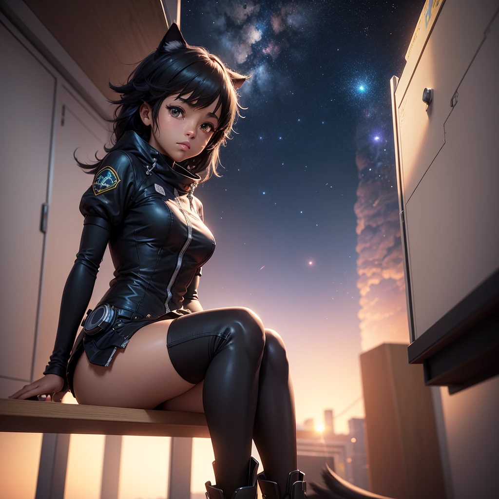 ((Best Quality)), ((Masterpiece)), ((Realistic)) and watercolor drawing of a girl with goth colors. Crotch Angle perspective, laying on her back . She has ((starlight hair)), wears a (black micro-bikini:star motif ) (bare navel) (cameltoe) (tech-wear jacket) , ((beautiful and aesthetic)), muscular fit body abs, sexy, under-boobs, hot, (star filled sky background) (clear background:1.35), (particles ,firefly, blue glowing):1.3, perspective, embarrassed smile, totally blushed, nervous, looking at the viewer, spread legs, black thong