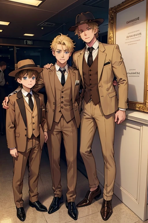 male, blonde short messy hair, blue eyes, (((1boy))), (((brown suit jacket))), (white dress shirt), (golden yellow vest), (brown dress pants), (black necktie), (black dress shoes), (brown trilby hat), young, long legs, smiling