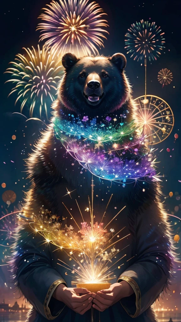 Rainbow colorsの子Bear、Bear、親子Bear、子Bear、Bear、子Bearたちに囲まれて、Mysterious Landscape、firework、firework大会、Rainbow colorsのfireworkが打ちあがっている瞬間、夜nullとともに、幻想的な海景色で壮大なfirework、future都市、Highest quality、masterpiece, (Diffuse reflection of light:1.2), When the fantastic rainbow turns into shadow, bathed in a mystical atmosphere.子Bearたちも見ています, Cast magic spells. evoke a sense of wonder and awe. A fusion of natural grandeur and magic, Weaving dreams into reality. Behold, null, And the unknown, Fleeting、And an eternal moment, 16K, Ultra-high resolution.Realistic, Ultra-high resolution, to be born,future、Rainbow colorsに光り輝く、Rainbow colors、The world 30 years from now。