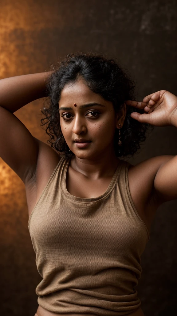 Looks like Anushka Shetty, a photo portrait of a beautiful girl 40 years old, with curls, styled black hair, (face portrait:1.5), dramatic light, Rembrandt lighting scheme, bust shot, linen tank top , top quality editorial photograph, skin texture, skin pores, chocolate skin, high quality skin, top quality photography, professional photography, professional retouching, insane detailing, warm moody tones,