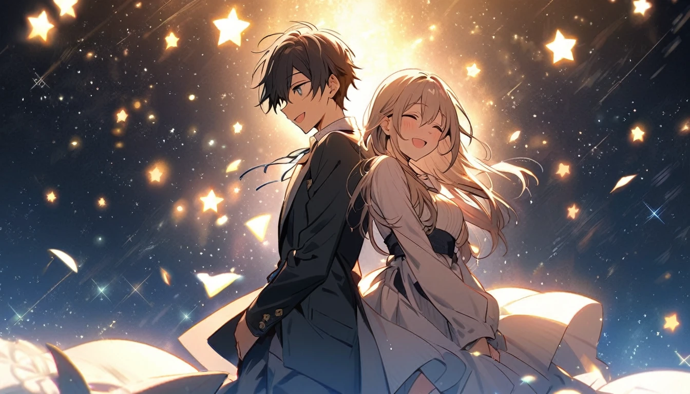 A scene where an 18-year-old boy wearing a hoodie and an 18-year-old girl are laughing under the stars. His friend's smile heals his heart, and he stands up with renewed courage. This moment represents the hope of taking a step towards the future with their bond.